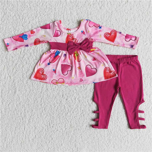 6 A27-15 Baby Girls Heart Print Long Tunic Top Criss Cross Waist Stretch Leggings Clothing Set