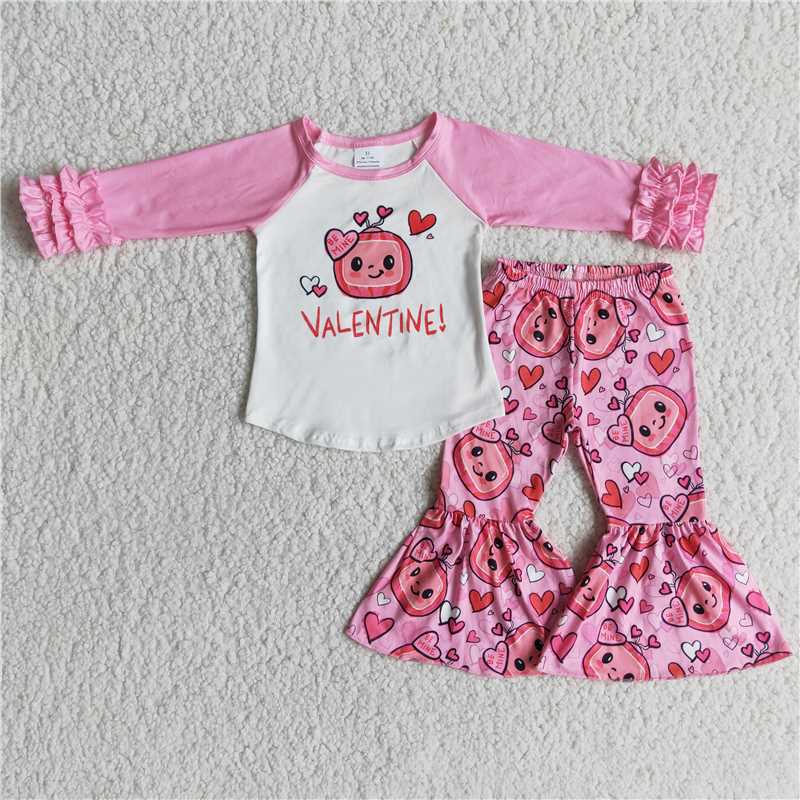 6 A25-20 Kids Girls Pink Print Long Sleeve Top Elastic High Waist Leggings Set