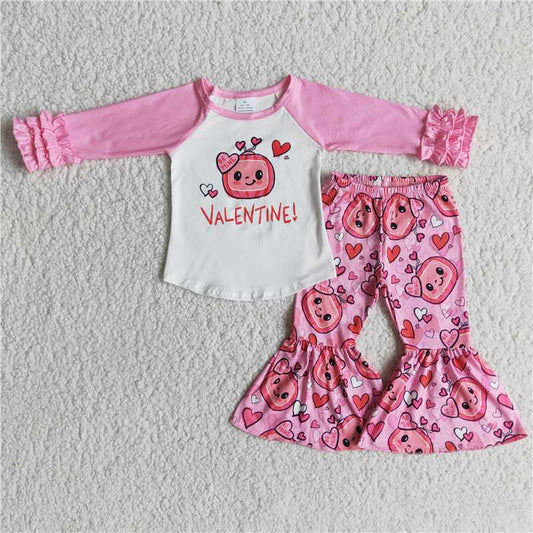 6 A25-20 Kids Girls Pink Print Long Sleeve Top Elastic High Waist Leggings Set