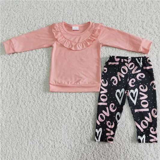 6 A28-29 Baby Girls Cute Solid Long Sleeve Tee Love Heart Print Elastic Waist Pants Set