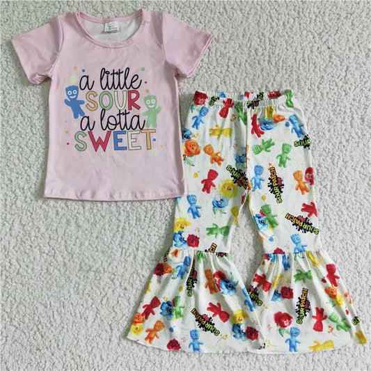 SALES NEW Baby Girls Pink Short Sleeve Bell Bottom Pants Outfit Set Comfortable Cotton Clothing for Infants