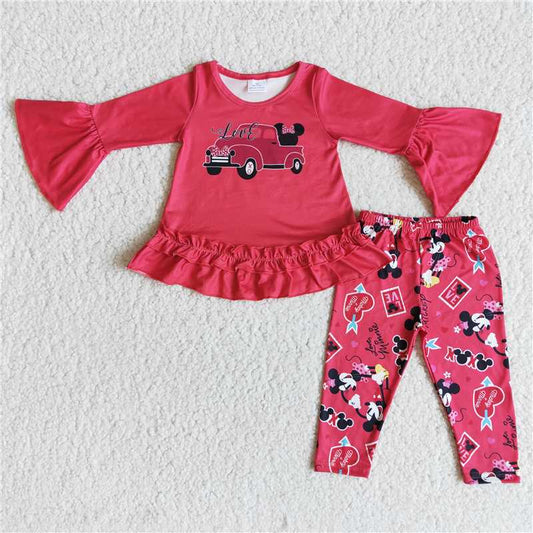 6 A29-3 Kids Girls Valentines Tractor Heart Print Long Sleeve Top Elastic High Waist Leggings Set
