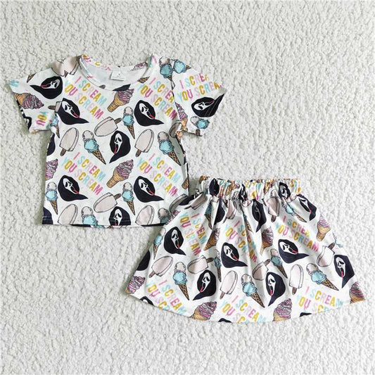 RTS NO MOQ GSD0100 Halloween Ice Cream Short Sleeve Skirt Set