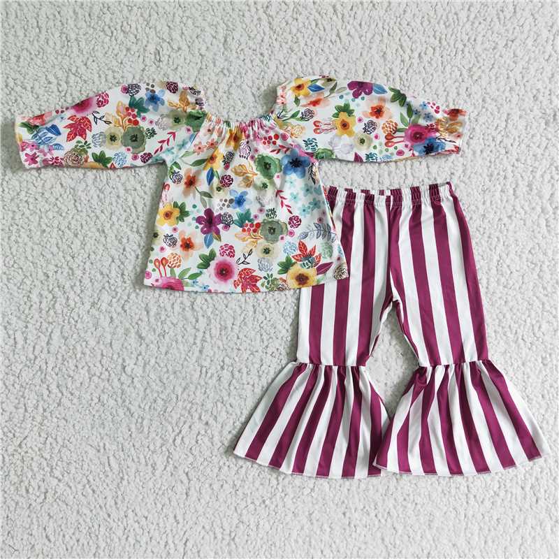 SALES NEW Baby Girls Maroon Floral Stripe Bell Pants Clothing Set Infant Outfit Set with Pants Top Combo