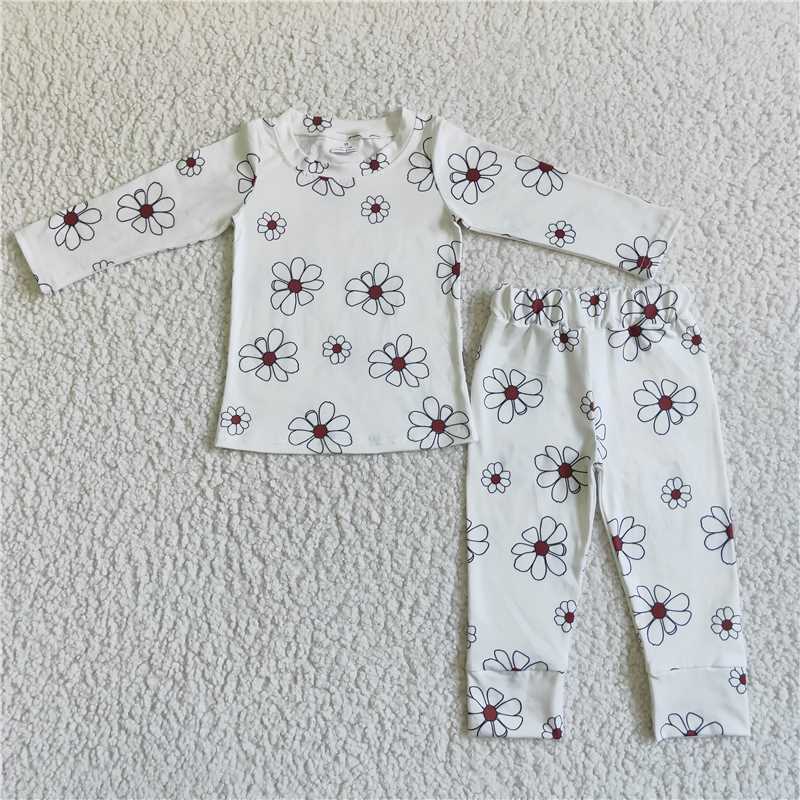 SALES  NEW Baby Girls White Flowers Pajamas Set Fall Clothing Outfit Toddler Kids Sleepwear Comfortable Soft Fabric Baby Clothes Set