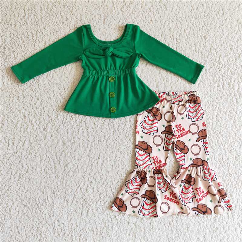 RTS NO MOQ Girls Tis The Season Green Long Sleeve Pants Set