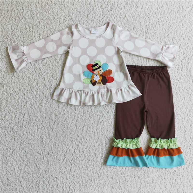 RTS NO MOQ GLP0219 BLP0081 Embroidered Turkey Long Sleeve Suit: Stripes & Polka Dots