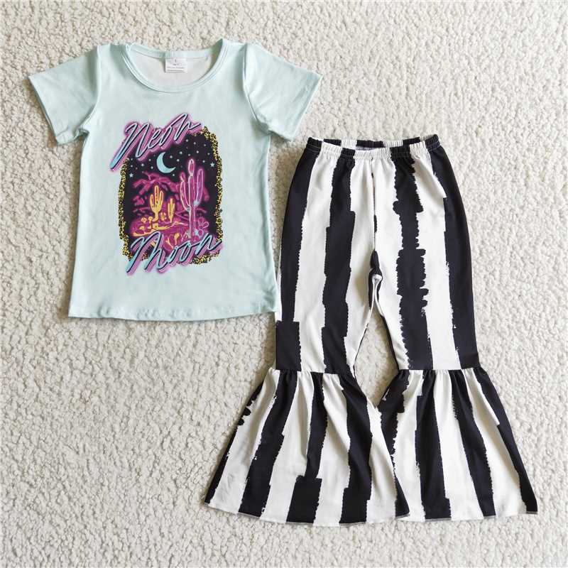 SALES NEW Baby Girls Moon Western Short Sleeve Bell Pants Set Cute Outfit for Little Girls Baby Clothing Set