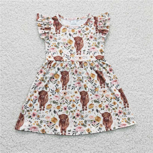 SALES NEW Baby Girls Highland Cow Knee-Length Dress with Flutter Sleeves Cute Children's Fashion Outfit for Girls