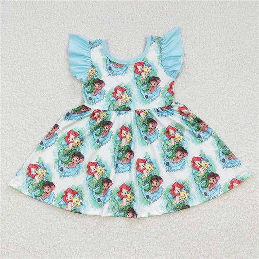 Cute Clothes 	 GSD0209Baby Girls Blue Flutter Sleeve Twirl Knee Kength Dresses