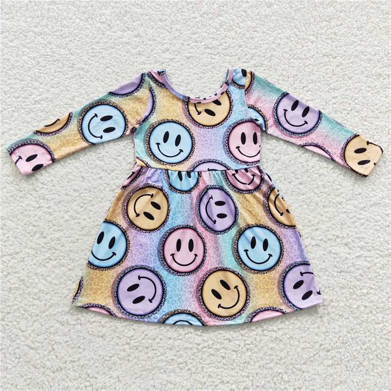 SALES NEW Baby Girls Knee-Length Dresses Smiley Face Print Cotton Blend Comfortable Fit for Toddlers And Infants