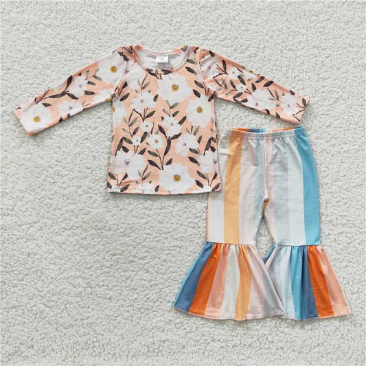 SALES  NEW Baby Girls Floral Print Shirt And Striped Bell Pants Outfit Set Cute Casual Clothing Combo for Infants