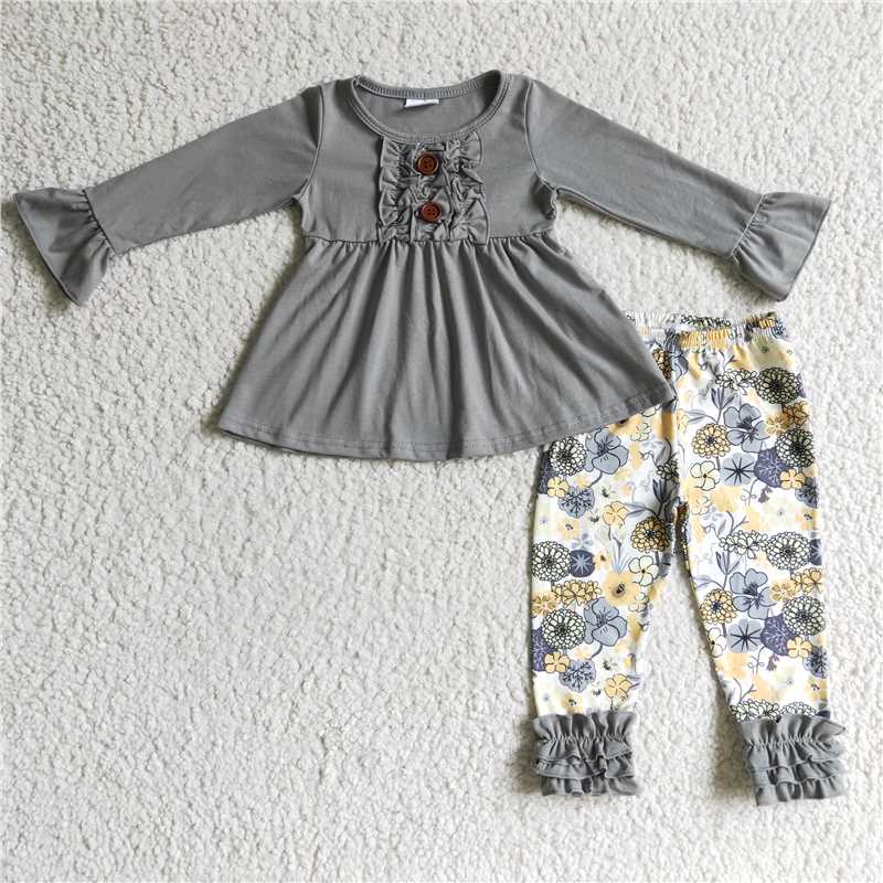 RTS NO MOQ Solid Color Lace Cuff Long Sleeve Top & Ruffle Hem Mixed Long Sleeve Pants Set