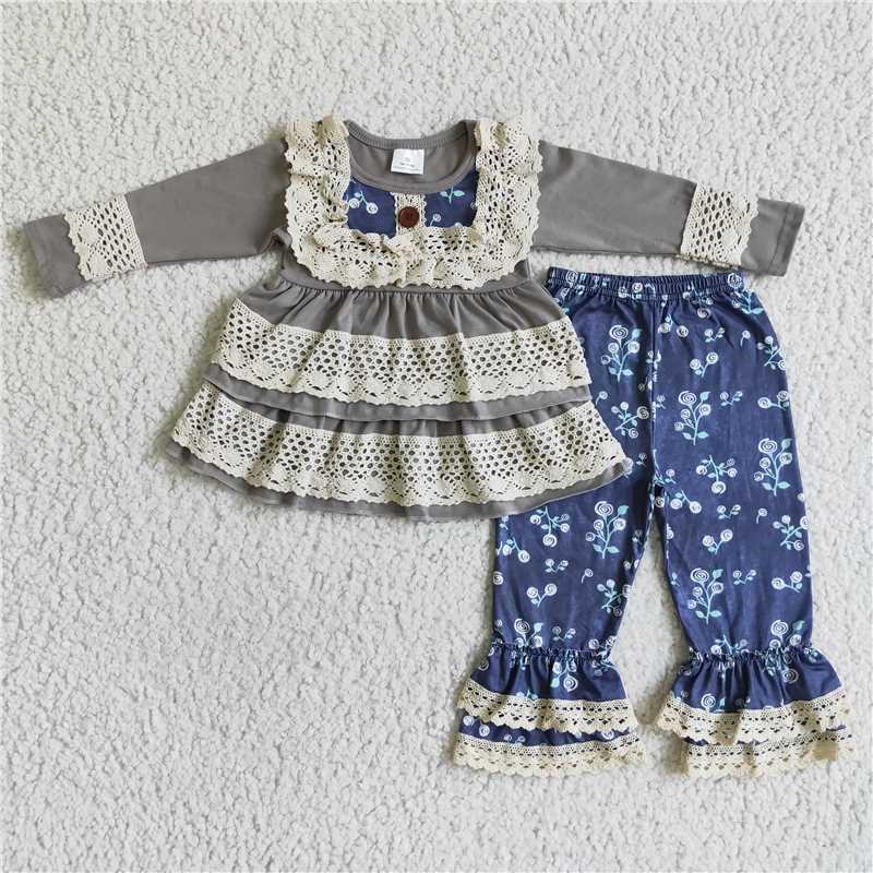 RTS NO MOQ Solid Color Lace Cuff Long Sleeve Top & Ruffle Hem Mixed Long Sleeve Pants Set