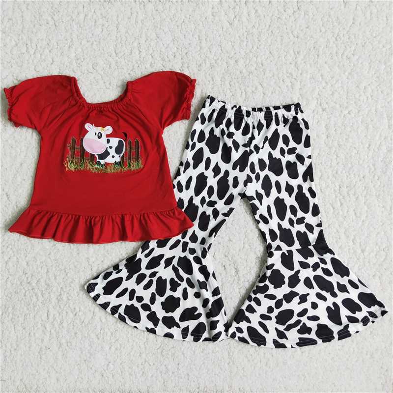 SALES NEW Baby Girls Red Farm Top with Cow Bell Pants Clothing Set Infant Outfit Set