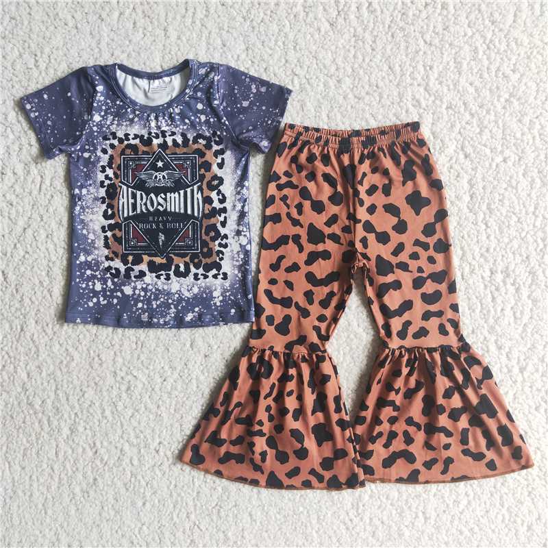 SALES NEW Baby Letter-Print Short-Sleeve Top with Leopard-Print Flared Pants Set Fashionable Kids Outfit Toddler Clothing