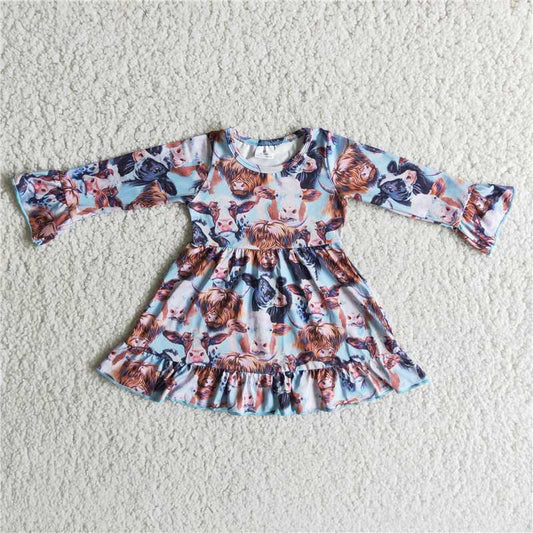 SALES  NEW Kids Long Sleeve Dress Cow Heifer Print Comfortable Soft Material for Children's Clothing