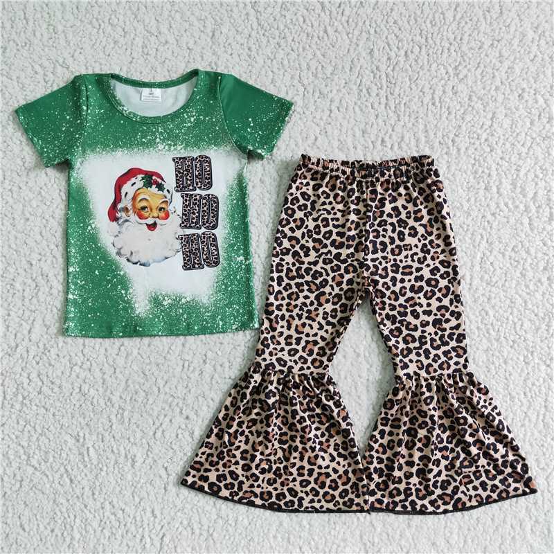 SALES NEW Children's Christmas Green Top Leopard Bell Pants Clothing Set Kids Festive Outfit Set