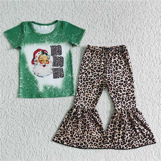 SALES NEW Children's Christmas Green Top Leopard Bell Pants Clothing Set Kids Festive Outfit Set