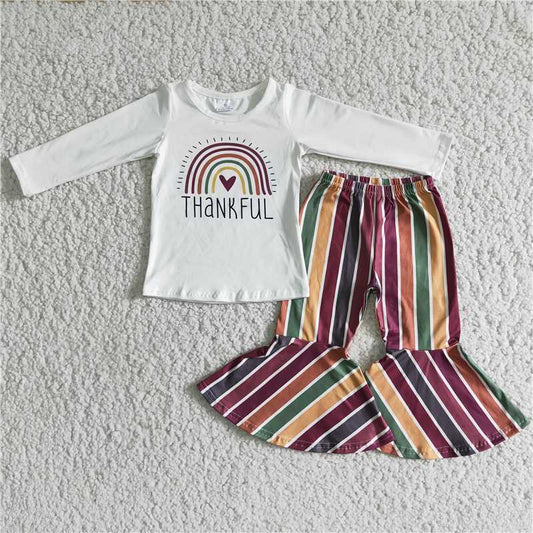 6 A6-16 Baby Girls Thankful Rainbow Letter Print Long Sleeve Top Elastic Waist Striped Pants Set