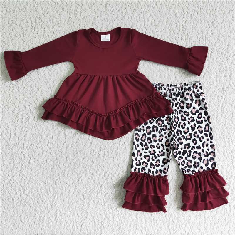 SALES  NEW Baby Maroon Leopard Hi-Low Sets 2pcs Toddler Girls Long Sleeve Jumpsuit with for Halloween Costume