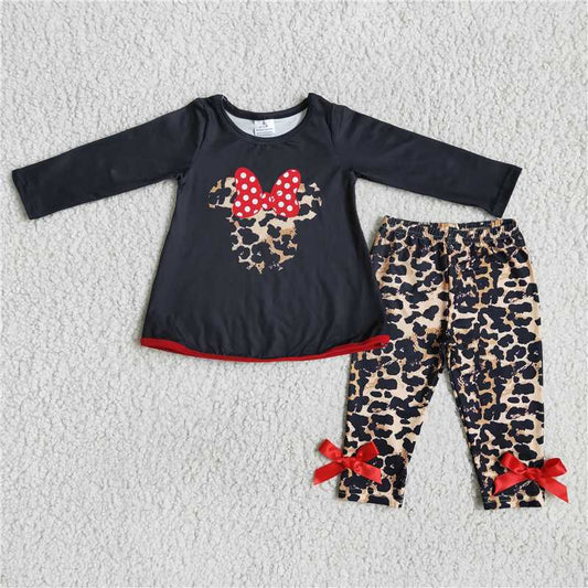 6 A15-17 Kids Girls Black Leopard And Bow Print Tunic Top High Waist Stretch Leggings Set