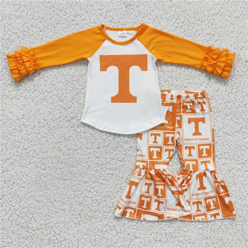 RTS NO MOQ Sibling baby girl clothes team orange Long Sleeve pant Set and short pants
