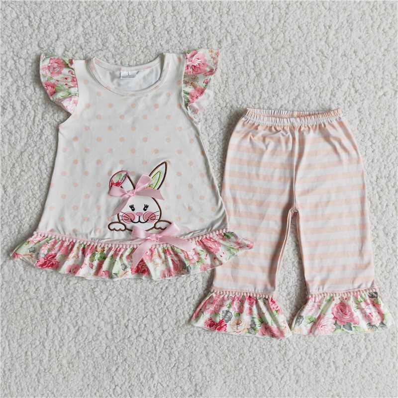 SALES NEW Baby Girls Easter Bunny Embroidered Capri Set Cute Spring Outfit for Little Girls Baby Girl's Clothing Set