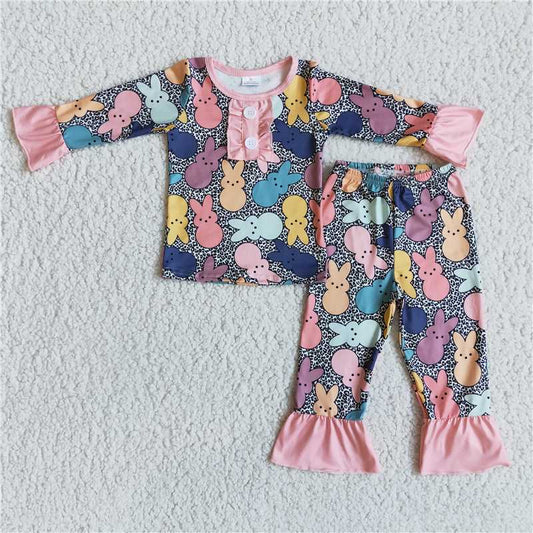 6 A29-18 Baby Girls Leopard Bunny Print Ruffle Trim Long Sleeve Top Pants Pajama Set