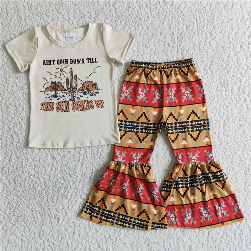 SALES NEW Baby Girls Cactus Letter Short Sleeve bell pants clothing western design outfits clothing sets