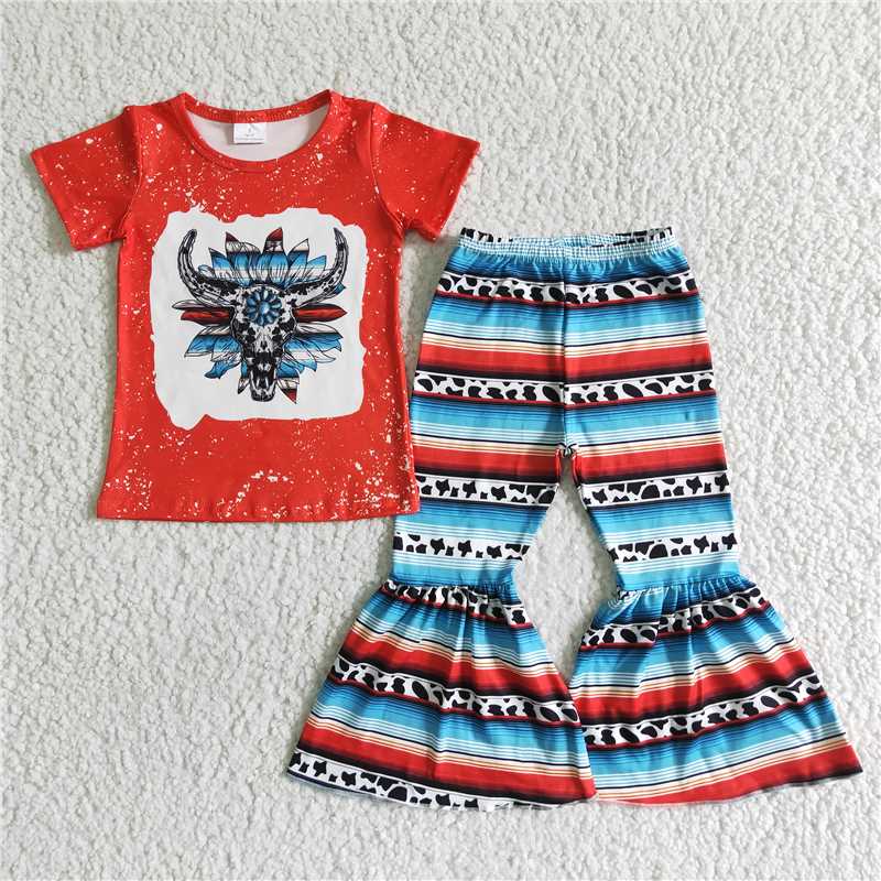 SALES NEW Baby Girls Western Cow Skull Red Top Bell Pants Clothing Set Infant Outfit with Skully Print