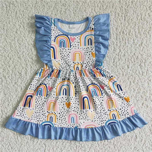 SALES NEW Baby Girls Summer Rainbow Blue Dress with Flutter Sleeves Cute Children's Clothing for Girls