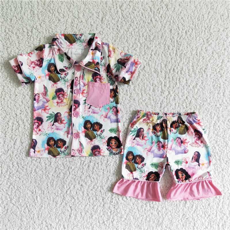 RTS NO MOQ ETA 5/7days arrived GSSO0024 Encanto Pink Pocket Short Sleeve Shorts Set