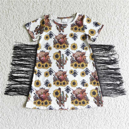 SALES NEW Baby Girls Western Cow Sunflower Print Tassel Dresses Casual Cotton skirt for Spring/Summer