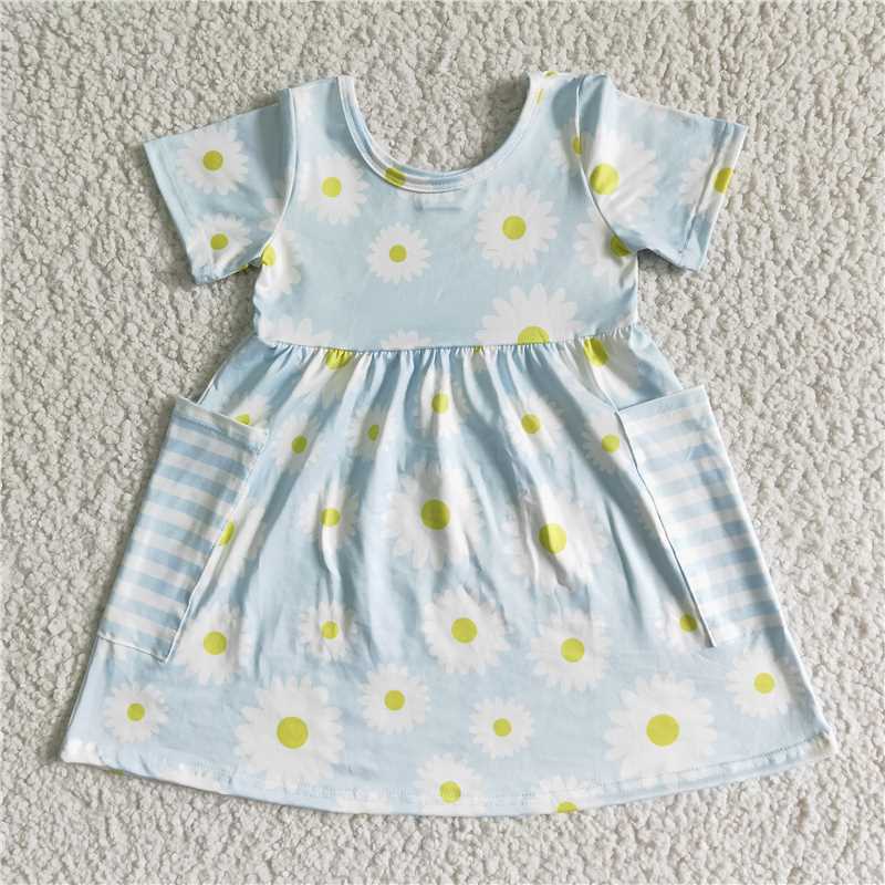 SALES NEW Baby Girls Daisy Print Pocket Knee-Length Dresses Casual Cotton for Spring/Summer