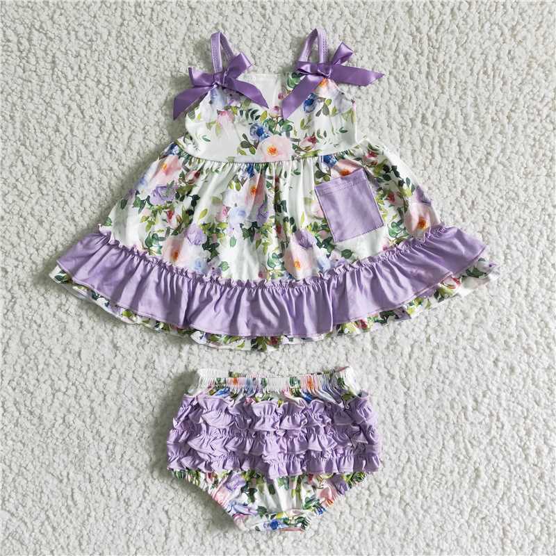 RTS NO MOQ milk silk GBO0038 Baby girls cute purple floral swing bummie clothes