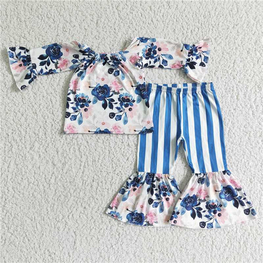 SALES NEW Baby Girls Navy Floral Off-Shoulder Top with Bell Pants Outfit Set Cute Baby Girl Clothing Set