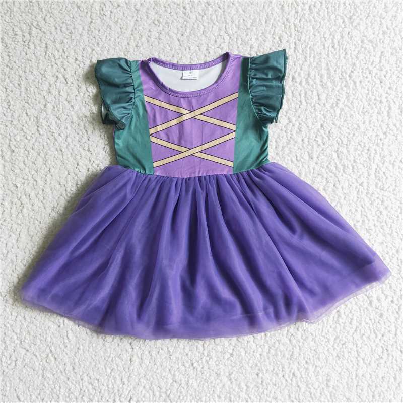 SALES NEW Baby Girls' Halloween Witch Tutu Dress Kids Costume Purple Mesh with Green Flutter Sleeves skirt