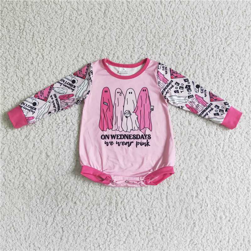 RTS NO MOQ  LR0098 GLP0173 Pink Ghost Pattern Long Sleeve Flared Pants Set & Long Sleeve Short Crawling Suit