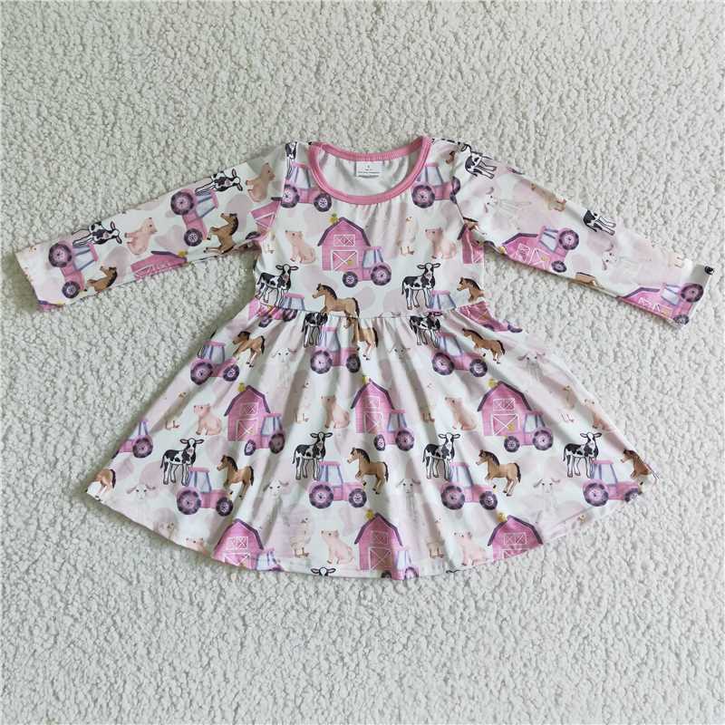 SALES  NEW Baby Girls Farm Theme Pink Long Sleeve Dress Cute Children's Clothing Soft Material Comfortable to Wear for Little Ones