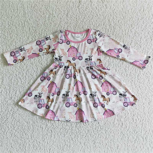 SALES  NEW Baby Girls Farm Theme Pink Long Sleeve Dress Cute Children's Clothing Soft Material Comfortable to Wear for Little Ones