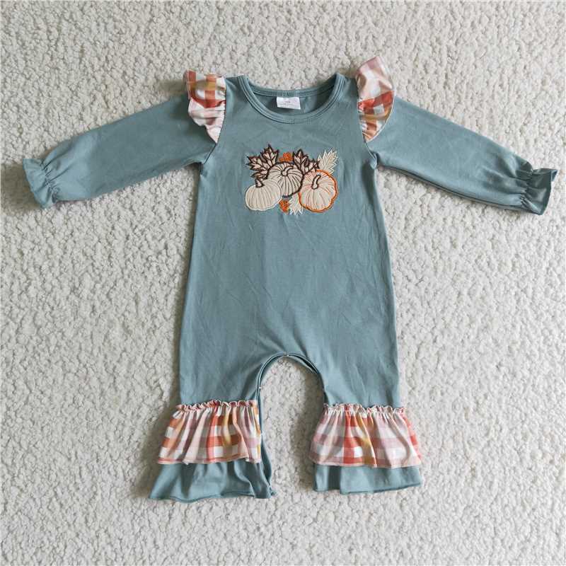 RTS NO MOQ GLP0156 LR0105 GLP0184  Embroidered Pumpkin Pattern Fly Sleeve Long Sleeve Set & Long Romper