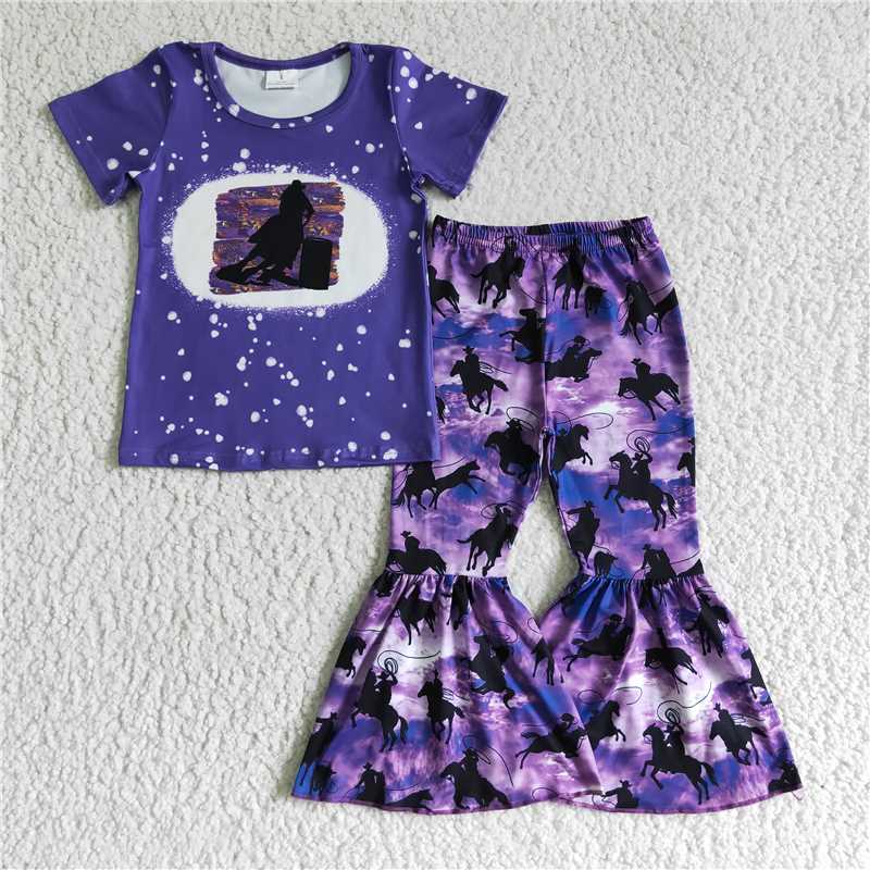 SALES NEW Baby Girls Purple Top Western Horse Bell Pants Outfit Set Cute Children's Clothing Ensemble for Infants