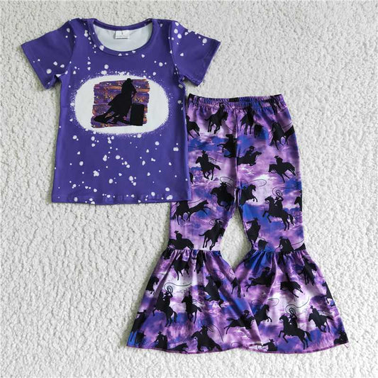 SALES NEW Baby Girls Purple Top Western Horse Bell Pants Outfit Set Cute Children's Clothing Ensemble for Infants