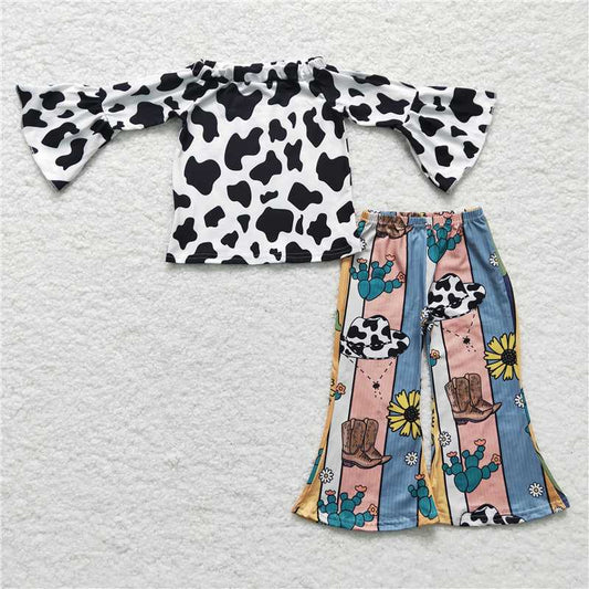 SALES  NEW Baby Girls Cow Print Outfit Set with Top Hat Pattern Bell Pants Clothing Ensemble for Infant