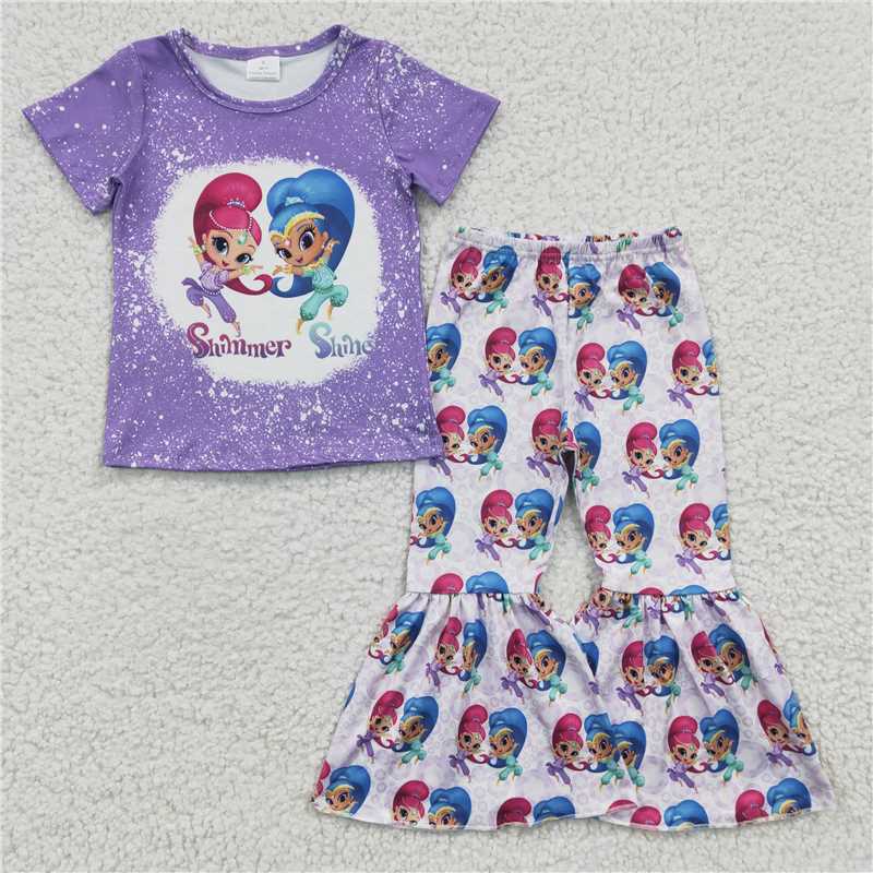 SALES NEW Baby Girls Purple Print Short Sleeve Bell Pants Set Cute Outfit for Infants Baby Girl's Clothing Set