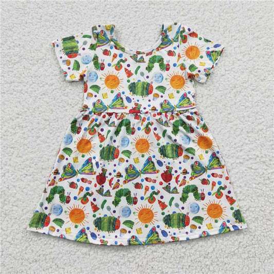 SALES NEW Baby Girls Knee-Length Green Dresses Soft Cotton Worm Design Comfortable Casual Dresses for Little Girls