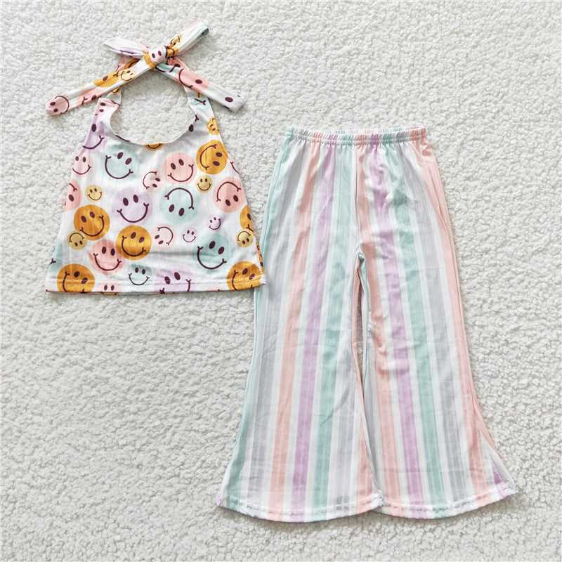RTS NO MOQGSPO0579 Girls orange floral halter neck colorful striped trouser suit
