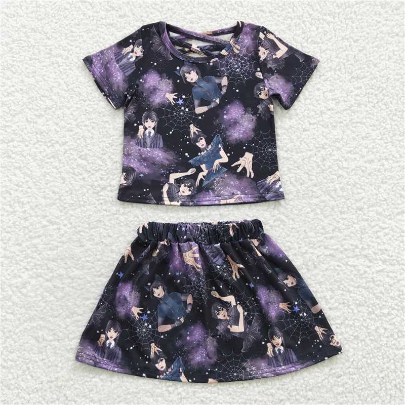 RTS NO MOQ Anime long braid girl print pattern short-sleeved shorts set & shorts skirt set