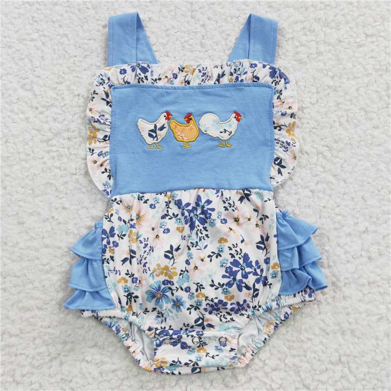RTS Embroidery Blue Short Sleeve Plaid Shorts Set with Embroidered Rooster